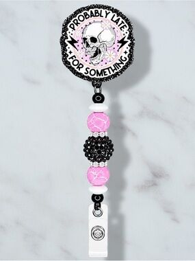 Probably Late For Something Skull Beaded Badge Reel